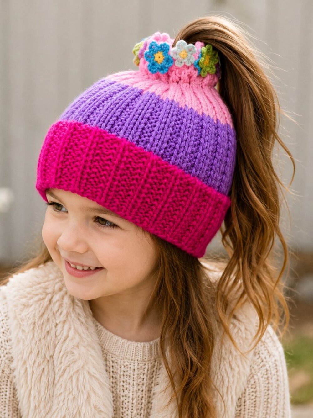 Handmade Girls Knit Ponytail Beanie Crochet Flower Colorblock Winter Hat